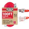 100 Ft Outdoor Extension Cord - 15 Amp 12/3 SJTW Heavy Duty Red 12 Gauge Lighted Electrical Cable with 3 Prong Grounded Plug