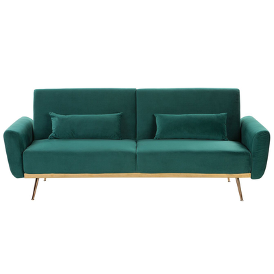 3-Sitzer Sofa Smaragdgrün Samt mit Schlaffunktion 2 Dekokissen Hohe Schlanke Metallbeine Schmale Armlehnen Retro Design 
