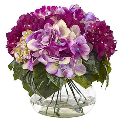 Nearly Natural 1364-BU Multi-Tone Beauty Hydrangea with Round Glass Vase