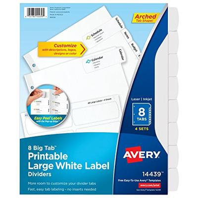 Avery Big Tab Printable Large White Label Dividers with Easy Peel, 8 Tabs, 4 Sets (14439)