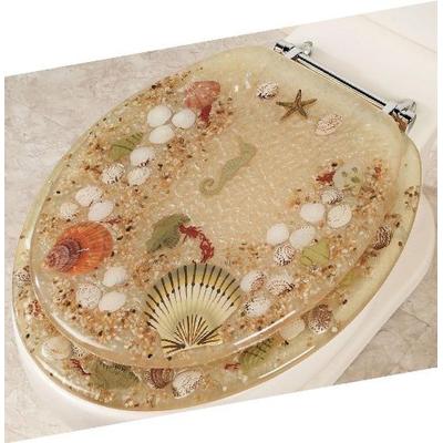ELONGATED BEIGE JEWEL SHELL SEASHELL & SEAHORSE RESIN TOILET SEAT WITH CHROME HINGES