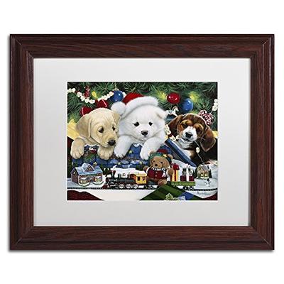 Curious Christmas Pups by Jenny Newland, White Matte, Wood Frame 11x14-Inch