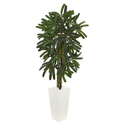 Nearly Natural Artificial 5.5' Raphis Palm Tree in White Tower Planter Green