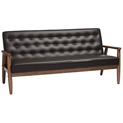 Baxton Studio Sorrento Mid-Century Retro Modern Faux Leather Upholstered Wooden 3-Seater Sofa, Brown
