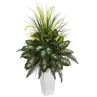 Nearly Natural Artificial White Mixed River Fern and Dogtail Plant, Tower Planter Green