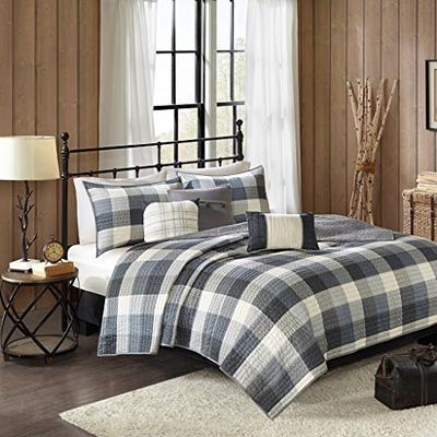 Madison Park Ridge King/Cal King Size Quilt Bedding Set - Grey, Plaid - 6 Piece Bedding Quilt Coverl