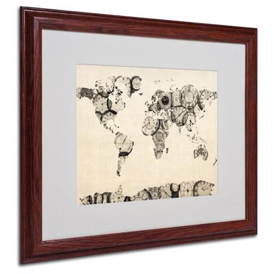 Old Clocks World Map Artwork by Michael Tompsett in Wood Frame, 16 by 20-Inch