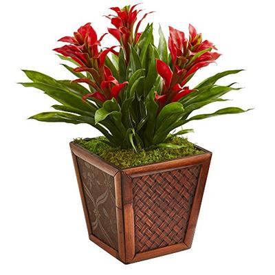 Nearly Natural Triple Bromeliad Artificial Plant in Planter Red