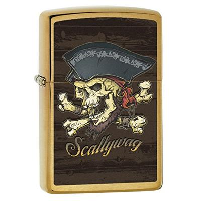 Zippo Lighter: Scallywag, Pirate Skull - Brushed Brass 77823