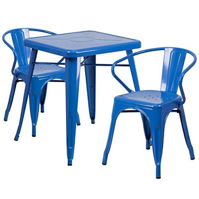 Flash Furniture 23.75'' Square Blue Metal Indoor-Outdoor Table Set with 2 Arm Chairs