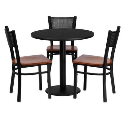 Flash Furniture 30'' Round Black Laminate Table Set with 3 Grid Back Metal Chairs - Cherry Wood Seat