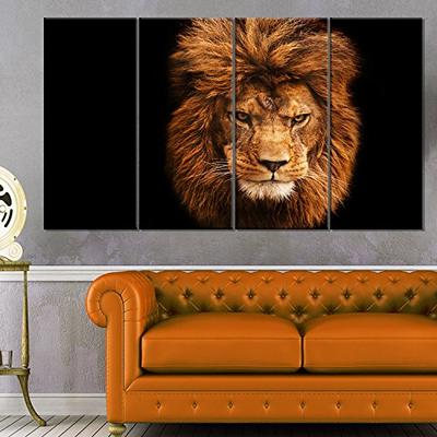 Designart Face of Male Lion on Black - Animal Metal Wall Art 48x28-4 Equal Panels