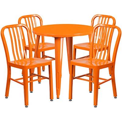 Flash Furniture 30'' Round Orange Metal Indoor-Outdoor Table Set with 4 Vertical Slat Back Chairs