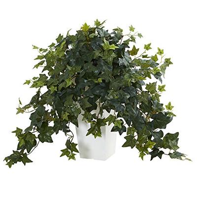 Nearly Natural Puff Ivy Artificial Plant in White Tower Vase Green