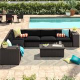 Wade Logan® Ayomikun 9 Piece Rattan Sectional Seating Group w/ Cushions Synthetic Wicker/All - Weather Wicker/Wicker/Rattan in Brown/White | Outdoor Furniture | Wayfair