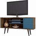 "Manhattan Comfort 200AMC93 - Liberty 53.14"" Mid Century - Modern TV Stand w/ 5 Shelves & 1 Door in Rustic Brown & Aqua Blue w/ Solid Wood Legs"