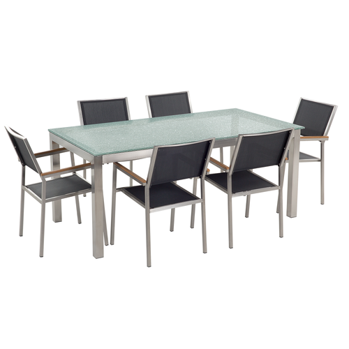 Gartenmöbel Set Schwarz Sicherheitsglas Edelstahl Tisch 180 cm 6 Stühle Terrasse Outdoor Modern