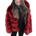 LEXUPE Women Autumn Winter Warm Comfortable Coat Casual Fashion Jacket Faux Mink Winter Hooded New Faux Fur Jacket Thick Outerwear Jacket Wine