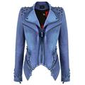 YYZYY Women's Fashion Punk Studded Denim Cotton Motorcycle Biker Jacket Coat Perfectly Shaping Slim Fit Full Zipper Short Jacket Ladies (XXL (UK 20), Blue)