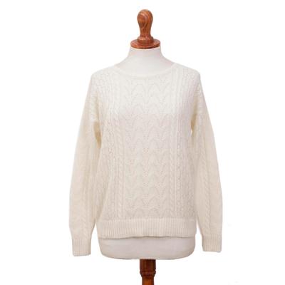 Warm Charm,'Cable Knit Baby Alpaca Blend Pullover in Ivory from Peru'