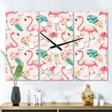 East Urban Home Oversized Tropical Botanicals Flowers & Flamingo II Mid-Century Wall Clock Metal in Green/Pink | 36 H x 28 W x 1 D in | Wayfair