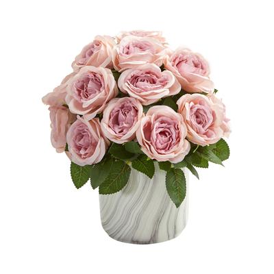 Nearly Natural Rose Artificial Arrangement in Marble Finish Vase - Pink