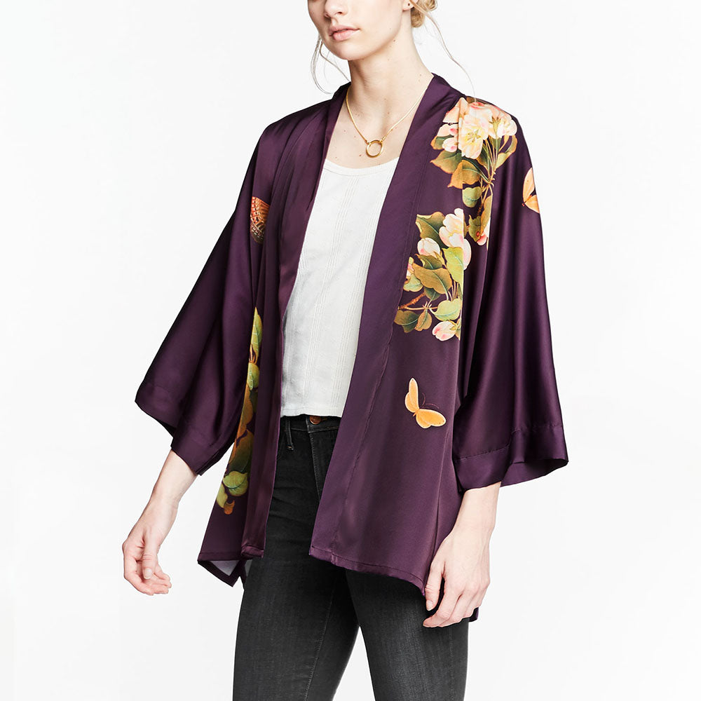 KIM+ONO Kimono Robe | Peony & Butterfly Kimono Jacket | Polyester Charmeuse | Plum | Short