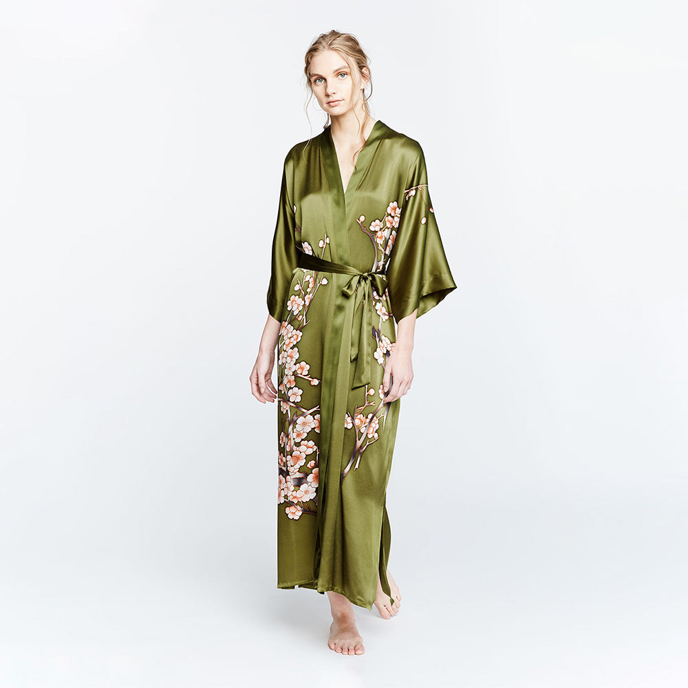 KIM+ONO Kimono Robe | Silk Handpainted Cherry Blossom Long Kimono Robe | Silk | Olive | Long