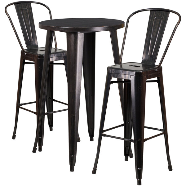 Flash Furniture CH-51080BH-2-30CAFE-BQ-GG 24" Round Black-Antique Gold Metal Indoor / Outdoor Bar Height Table with 2 Cafe Stools