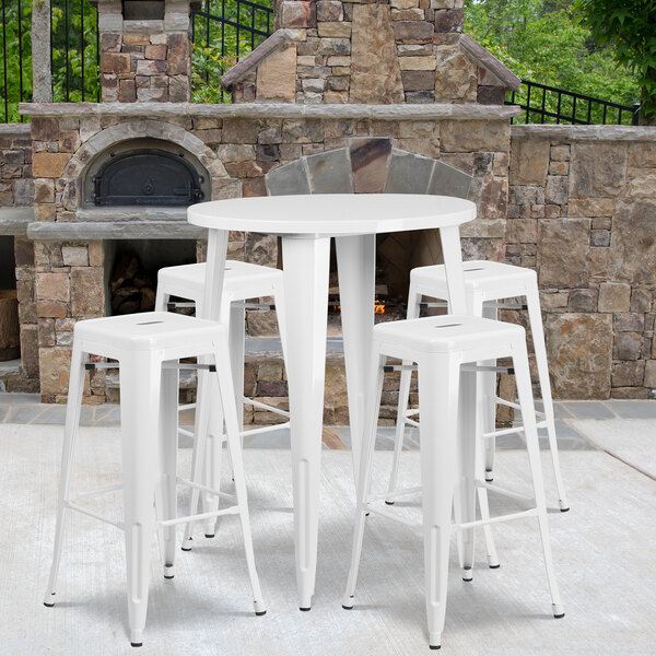 "Flash Furniture CH-51090BH-4-30SQST-WH-GG 30"" Round White Metal Indoor / Outdoor Bar Height Table with 4 Square Seat Backless Stools"