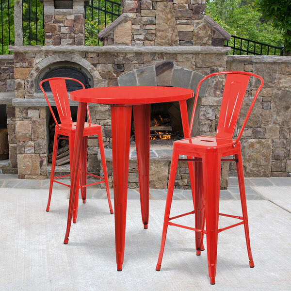 Flash Furniture CH-51090BH-2-30CAFE-RED-GG 30" Round Red Metal Indoor / Outdoor Bar Height Table with 2 Cafe Stools