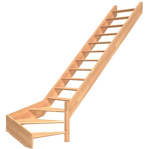 DOLLE Raumspartreppe Wangentreppe Paris Holztreppe, Ohne Geländer, 1/4 gewendelt (rechts),bis 318 cm,Buche,ohne Setzstufen,unbehandelt