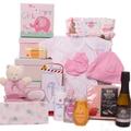 Baby Girl Hamper Gift Tower Johnson's Products with a Bottle of Prosecco and Strawberry Cream Chocolates.