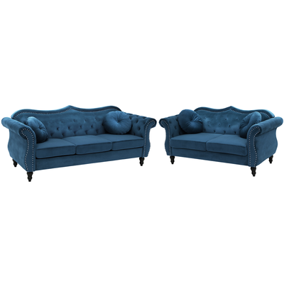 Sofa Set Marineblau Samtstoff Sitzgruppe Chesterfield Stil Retro Zierkissen Wohnzimmer
