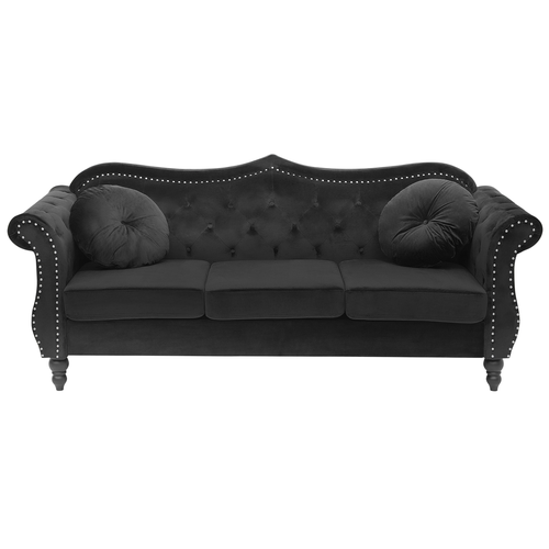 Sofa Schwarz Samtstoff 3-Sitzer Chesterfield Stil Retro Zierkissen Wohnzimmer