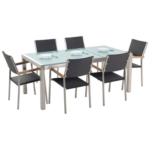 Gartenmöbel Set Schwarz / Silber Sicherheitsglas Edelstahl Tisch 180 cm 6 Rattanstühle Terrasse Outdoor Modern