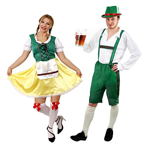 Couples Bavarian Costume - Beer Man Green Lederhosen with traditional White shirt and Hat - Coordinating Ladies Bavarian Beer Girl with Stockings Fancy Dress - Mens Medium & Womens Medium