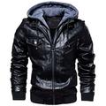 FAXIKIO Men's Faux Leather Jacket Hooded Fleece Bomber Jacket Coat Vintage Motorcycle Jacket with Removable Hood Black