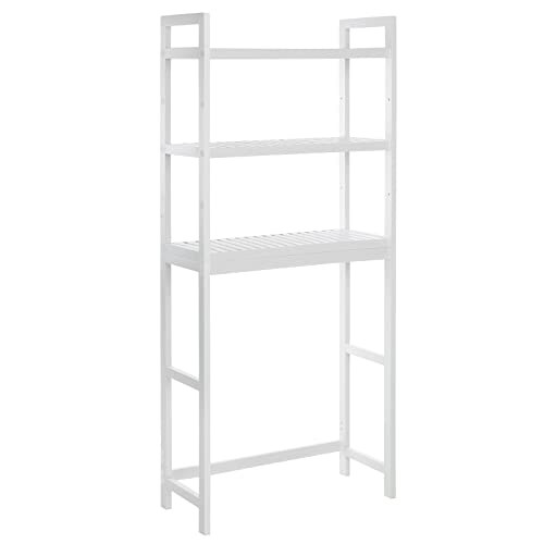 SONGMICS Over The Toilet Storage, 3-Tier Bamboo Bathroom Organizer with Adjustable Shelves, Multifunctional Toilet Rack, Static Load Capacity 33 lb per Tier, Easy to Assemble, White UBTS01WT