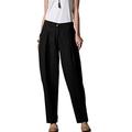 FTCayanz Women's Linen Trousers Elastic Waist Long Tapered Harem Pants Black Large