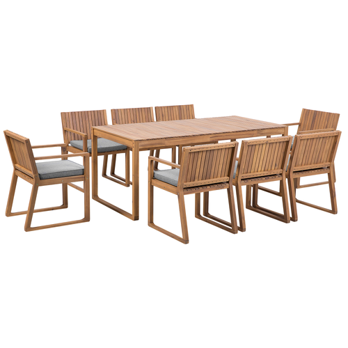 Gartenmöbel Set 8-Sitzer Hellbraun Akazienholz Tisch mit 8 Stühlen und Sitzkissen Grau Rustikal Modern Terrasse Garten Ausstattung