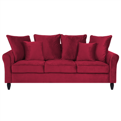Sofa Rot Samtstoff 3-Sitzer Traditionell Modern Zierkissen Wohnzimmer