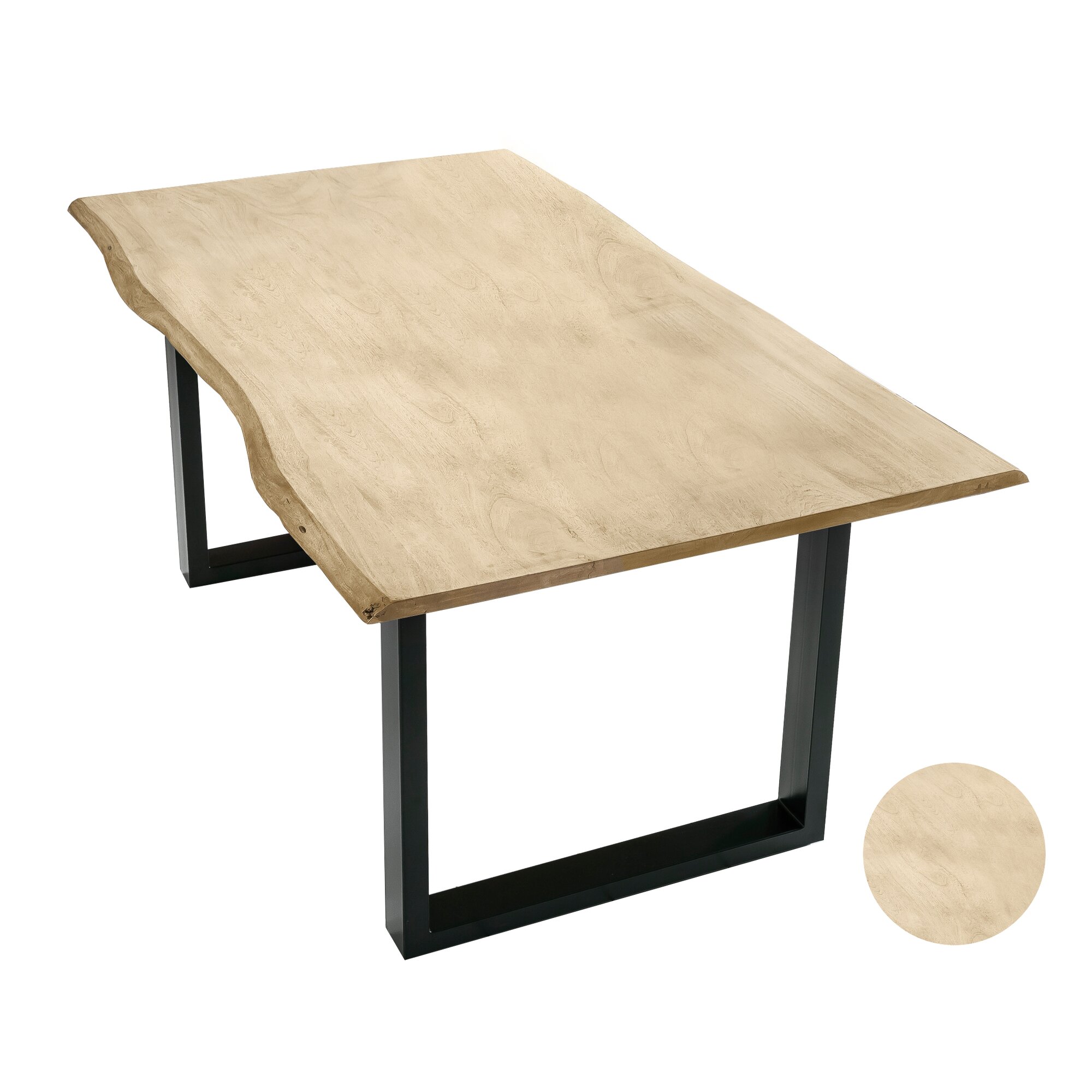 SIT Baumkante Massivholz Esstisch gekälkt 160x85 cm / hell gekälkt / Metall schwarz