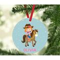 The Holiday Aisle® Western Rodeo Red Haired Girl w/ Brown Horse & Hat Personalized Christmas Ball Ornament in Blue | 3.5 H x 3.5 W in | Wayfair