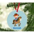 The Holiday Aisle® Western Rodeo Red Haired Boy w/ Brown Horse & Hat Personalized Christmas Ball Ornament in Blue | 3.5 H x 3.5 W in | Wayfair