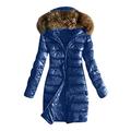 Lazzboy Coat Womens Jacket Hooded Paten Leather Cotton Quilted Faux Fur Hood Solid Casual Slim Fluffy Warm Parka Outwear Blue