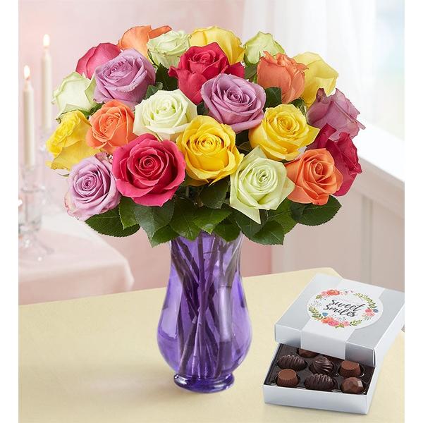 1-800-flowers-flower-delivery-two-dozen-assorted-roses-w--purple-vase---chocolate-|-happiness-delivered-to-their-door/