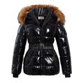 SS7 Womens Wet Look Puffer Coat with Faux Fur Black