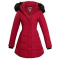 shelikes Womens Ladies Long Faux Fur Trim Hood Fitted Quilted Jacket Puffer Coat Parka [Wine UK 8]