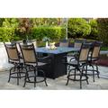 Lark Manor™ Lauri 9-Piece Patio Counter Height Propane Fire Pit Bar Set w/ 64" Square Fire Pit Bar Table Metal in Black | Wayfair